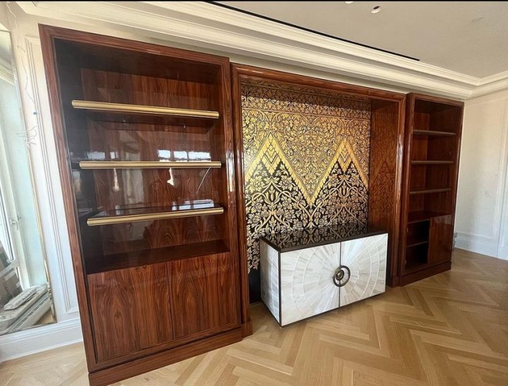 millwork_install_gurskyi_Walnut Display Cabinet Brass Inlay – Built-Ins & Storage