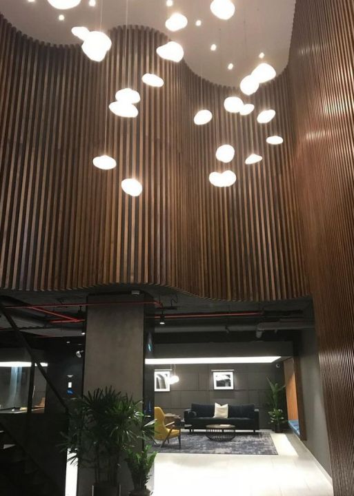 millwork_install_gurskyi_Slatted Wood Wall And Pendants – Wall Paneling & Trim